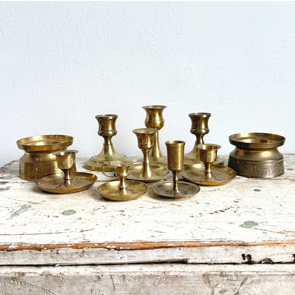 10pc Vintage Brass Candle Holder Set India Etched Chamberstick Candlestick Lot